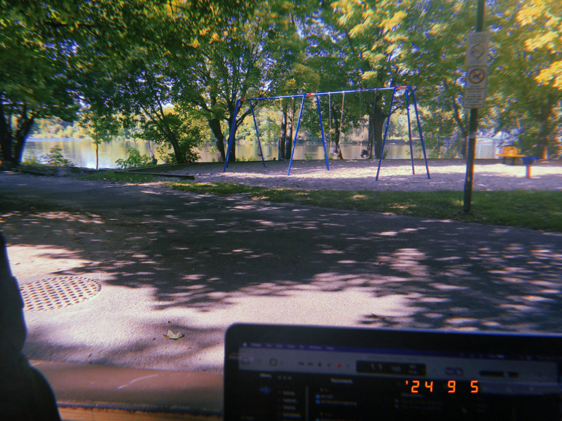 a disposable camera style photo with a laptop in front of a sun-dappled park